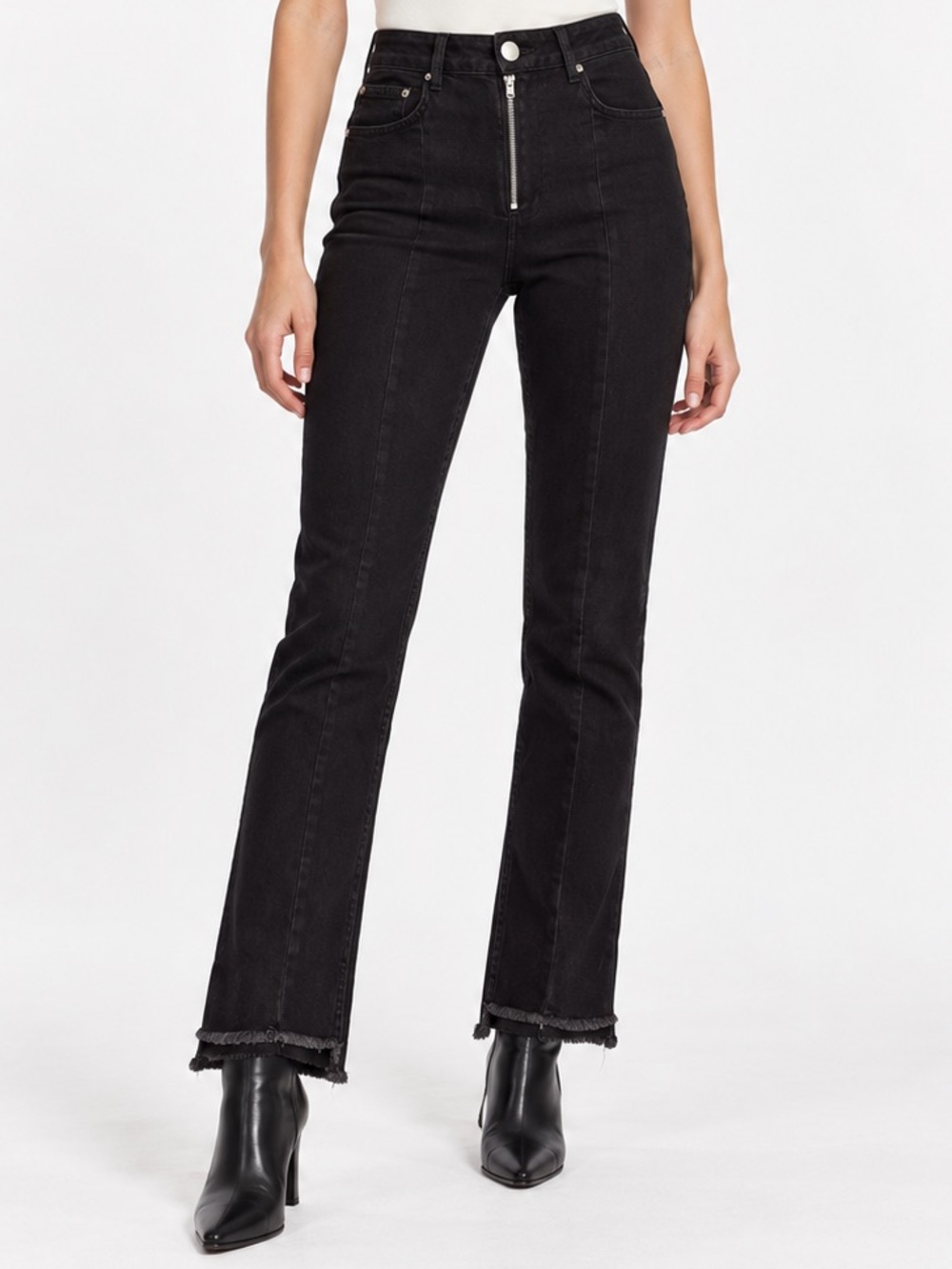 MAJE Moto Black Straight Leg Jeans with Exposed Zipper and Raw Hem (Size 38)